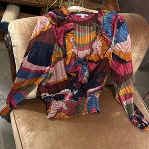 Deep Ve neck Ruffle trim Elastic waist Long Puffy sleeve Inspired 70s hippie